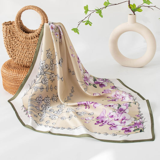 Mulberry Silk Square Scarf with Peony Print – 26 x 26 in, Hand-Rolled Hem