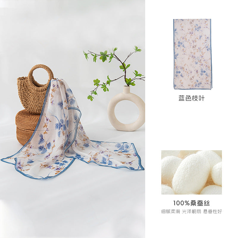 Mulberry Silk Long Scarf – 96%+ Pure Silk Polka Dot & Floral Print Lightweight Shawl for Spring and Summer