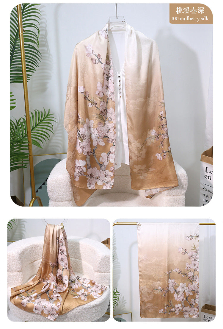 100% Mulberry Silk Floral Jacquard Long Scarf with Chinese-Inspired Botanical Prints, 53 x 170 cm (21 x 67 in) Lightweight Spring Shawl
