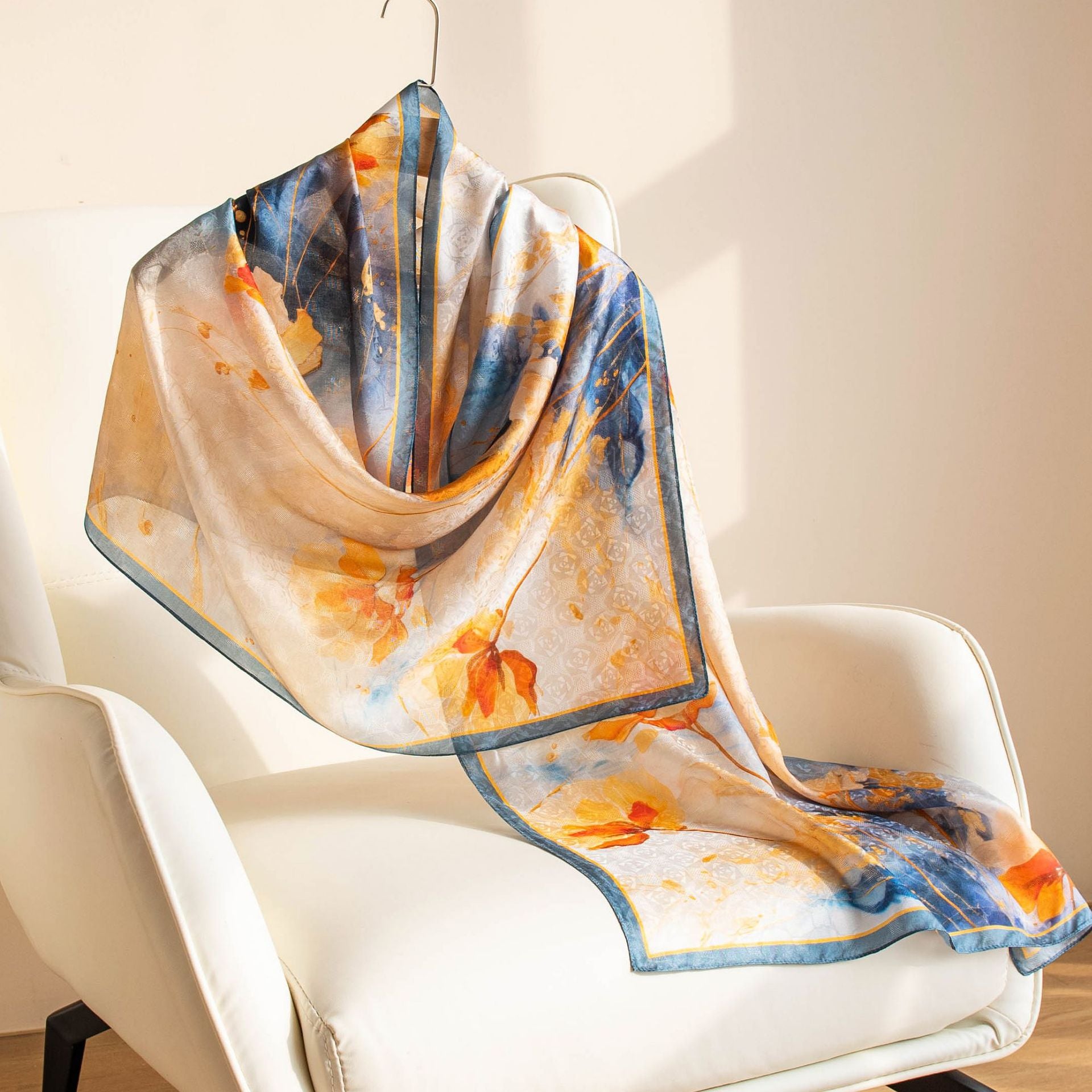Mulberry Silk Long Scarf – Lightweight Floral Print Shawl for Spring & Summer, Original Design, 55 x 170 cm