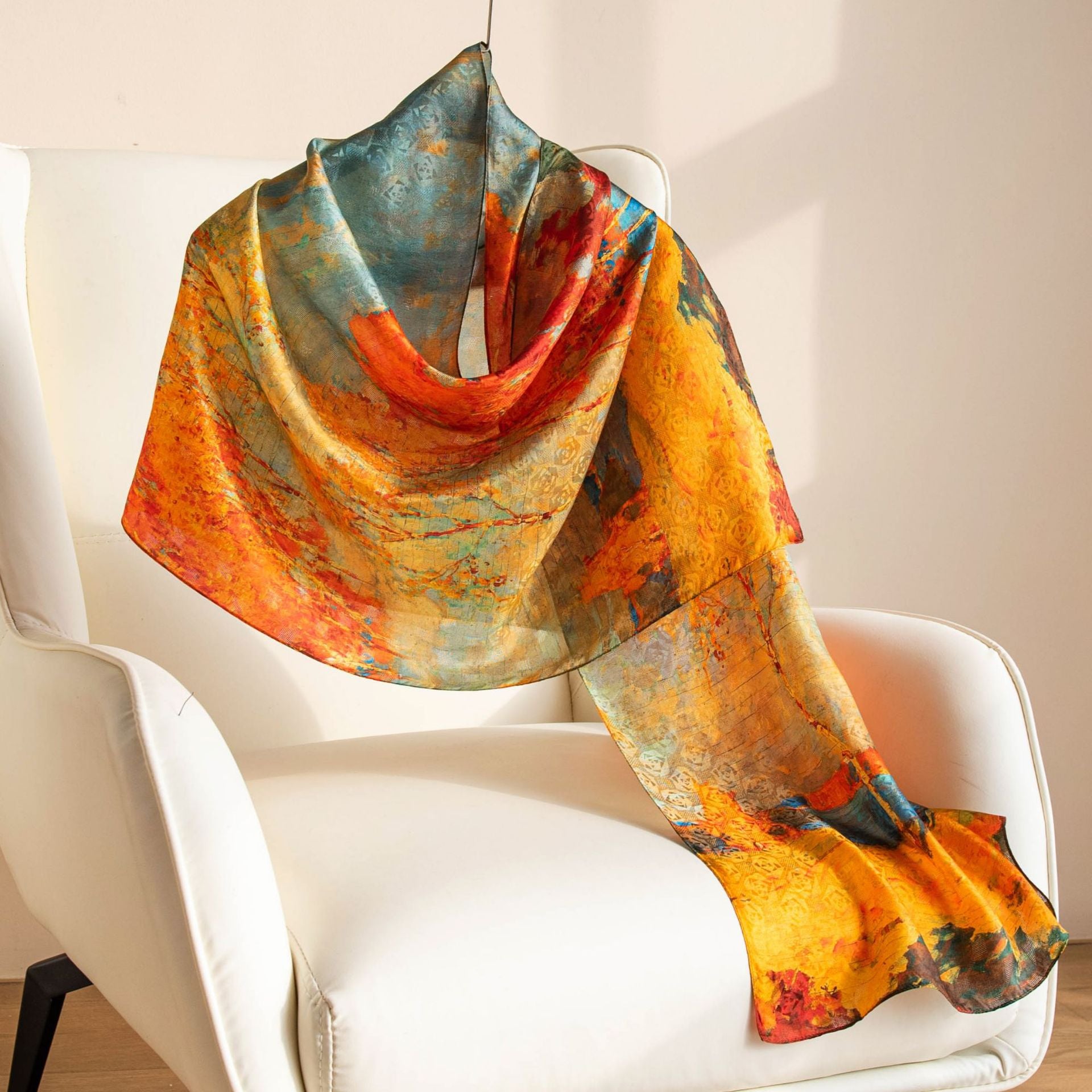 Mulberry Silk Long Scarf – Lightweight Floral Print Shawl for Spring & Summer, Original Design, 55 x 170 cm