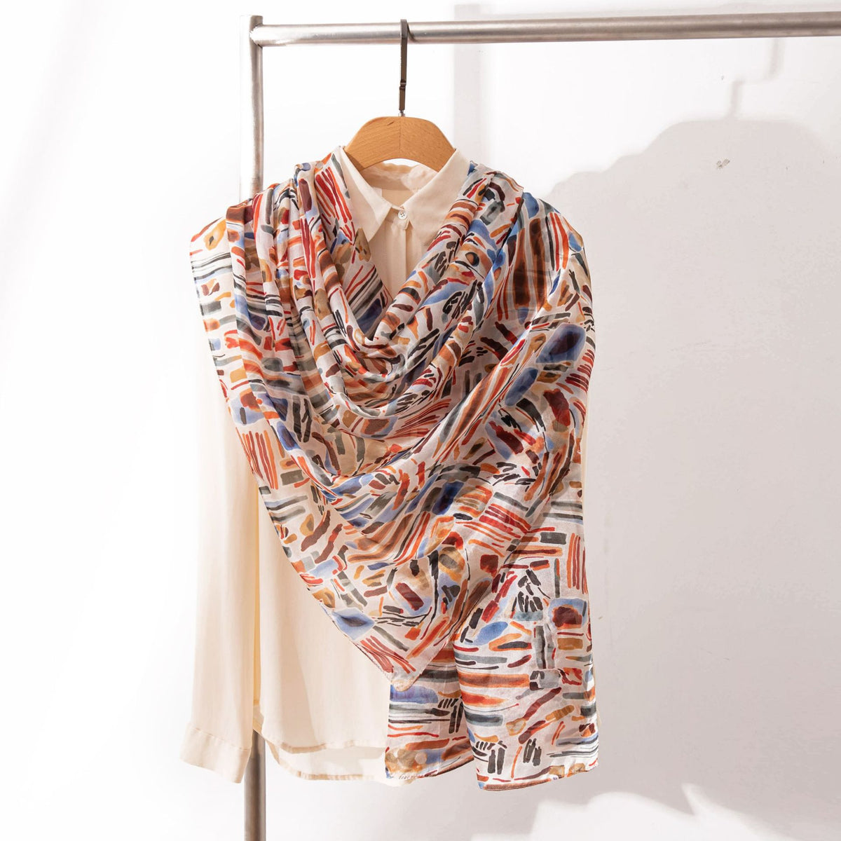Mulberry Silk Long Scarf with Printed Patterns – Lightweight, Breathable Vintage Shawl for Spring, 69 x 43 in