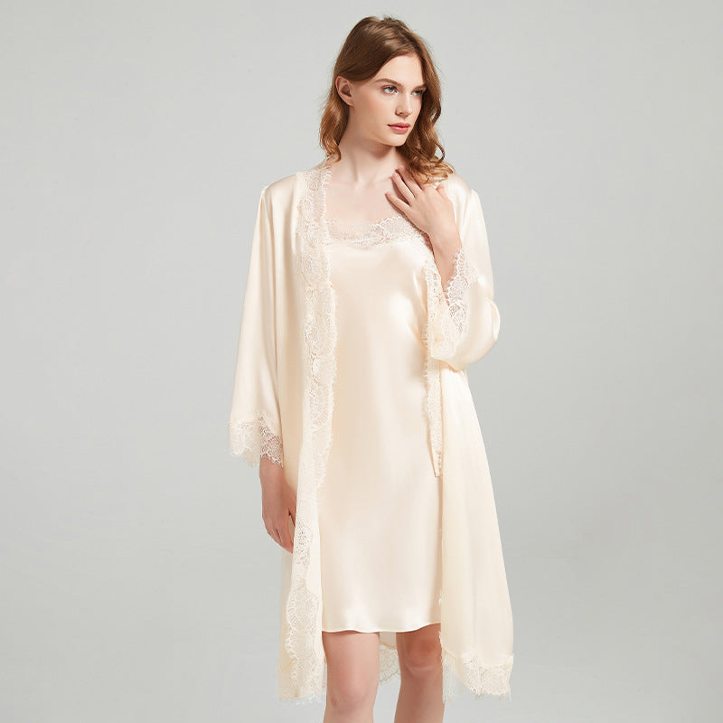 Lace Tie 100% Mulberry Silk Robe & Camisole Set – Romantic V-Neck Loungewear