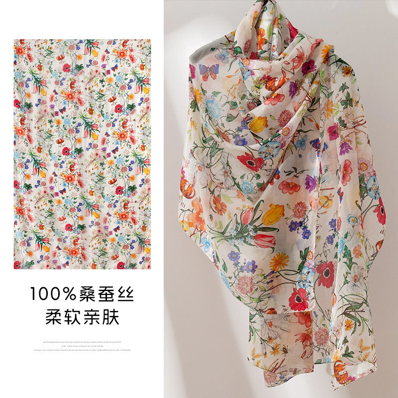 Mulberry Silk Long Scarf with Bohemian Floral Print – Lightweight Spring Shawl for Women