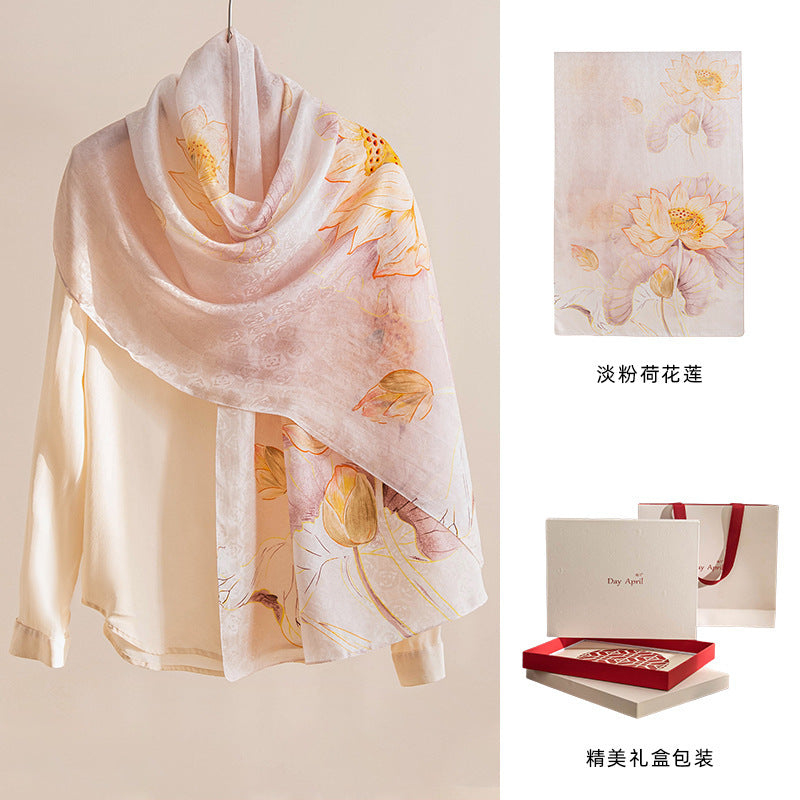 Pure Silk Floral Print Long Scarf – Elegant Pashmina-Style Wrap, Gift Boxed