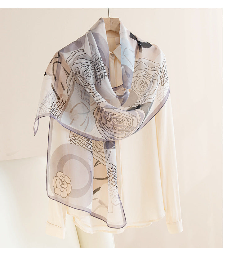 Floral Print Silk Scarf – Lightweight Mulberry Silk Wrap with Botanical Motifs for All Seasons