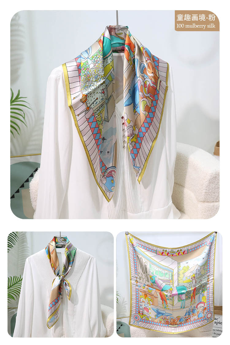 Mulberry Silk Square Scarf – 100% Pure Silk Bandana with Vintage French Print, Spring Accessory for Women