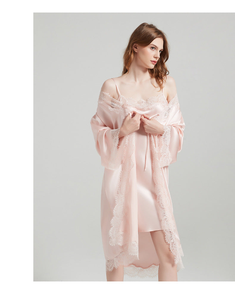 Lace Tie 100% Mulberry Silk Robe & Camisole Set – Romantic V-Neck Loungewear