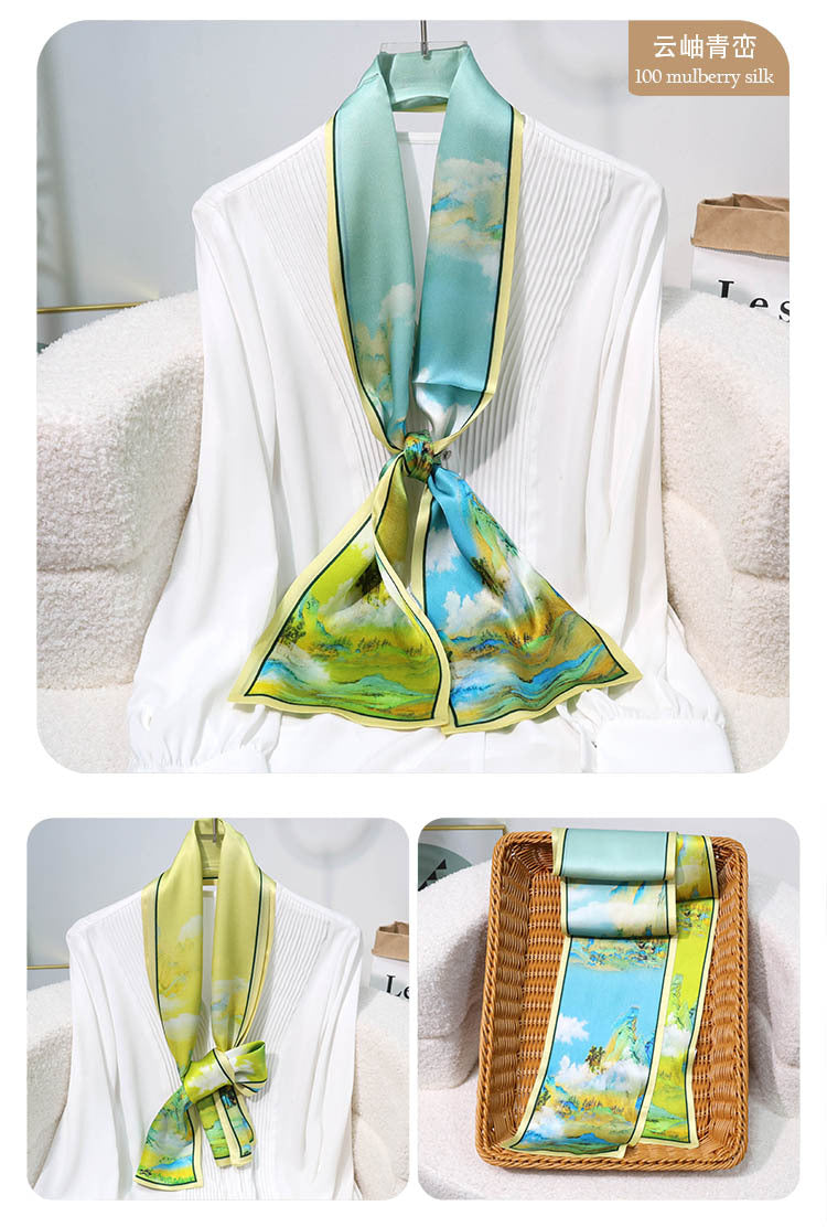 Printed Mulberry Silk Slim Scarf – 16 x 150 cm Long Neck Scarf with Trailing Ribbon for Spring