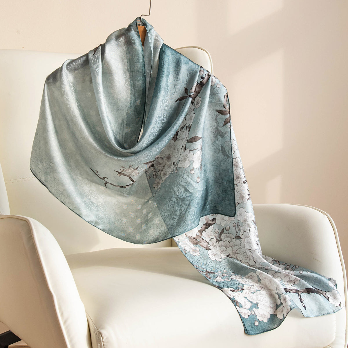 Mulberry Silk Long Scarf – Lightweight Floral Print Shawl for Spring & Summer, Original Design, 55 x 170 cm