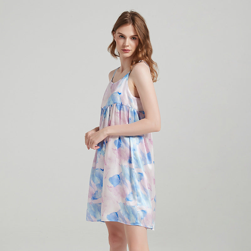 Close-up of watercolor pattern on 100% silk cami dress fabric