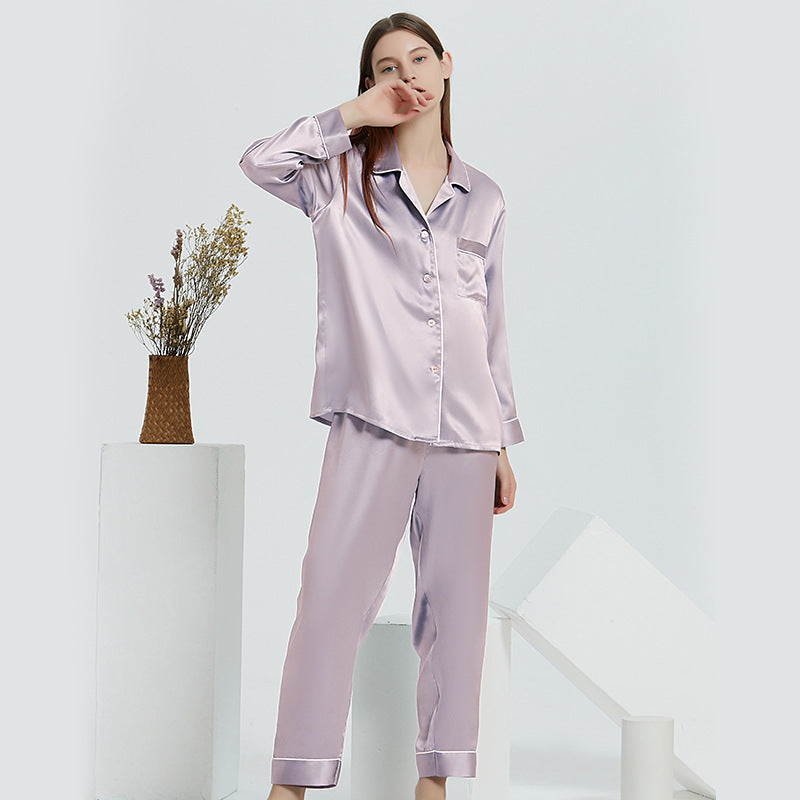 Lavender purple silk pajama set with button-front top