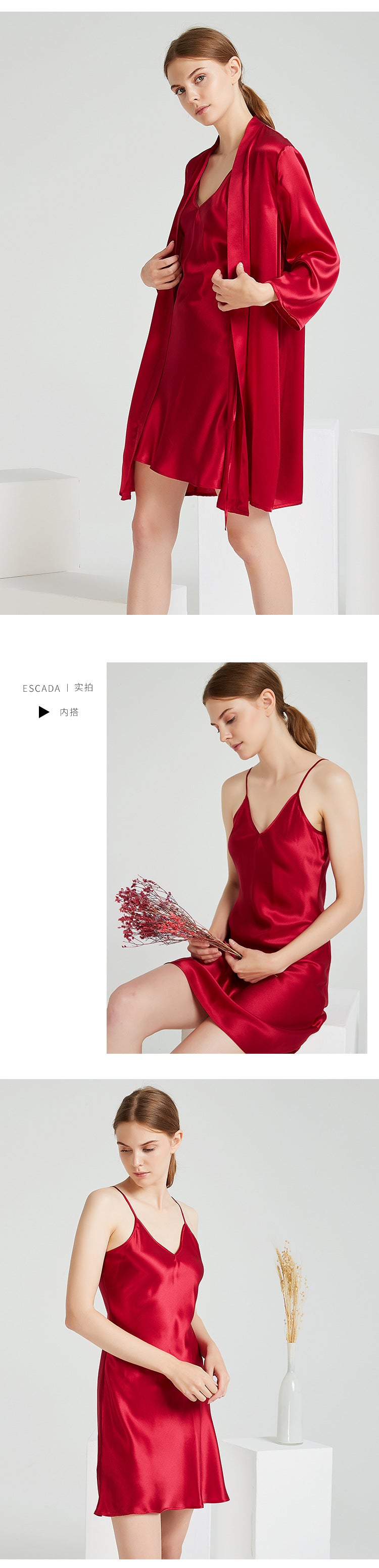 Embroidered Butterfly Silk Camisole & Robe Two-Piece Set – 100% Mulberry Silk Sleepwear with 3/4 Sleeves