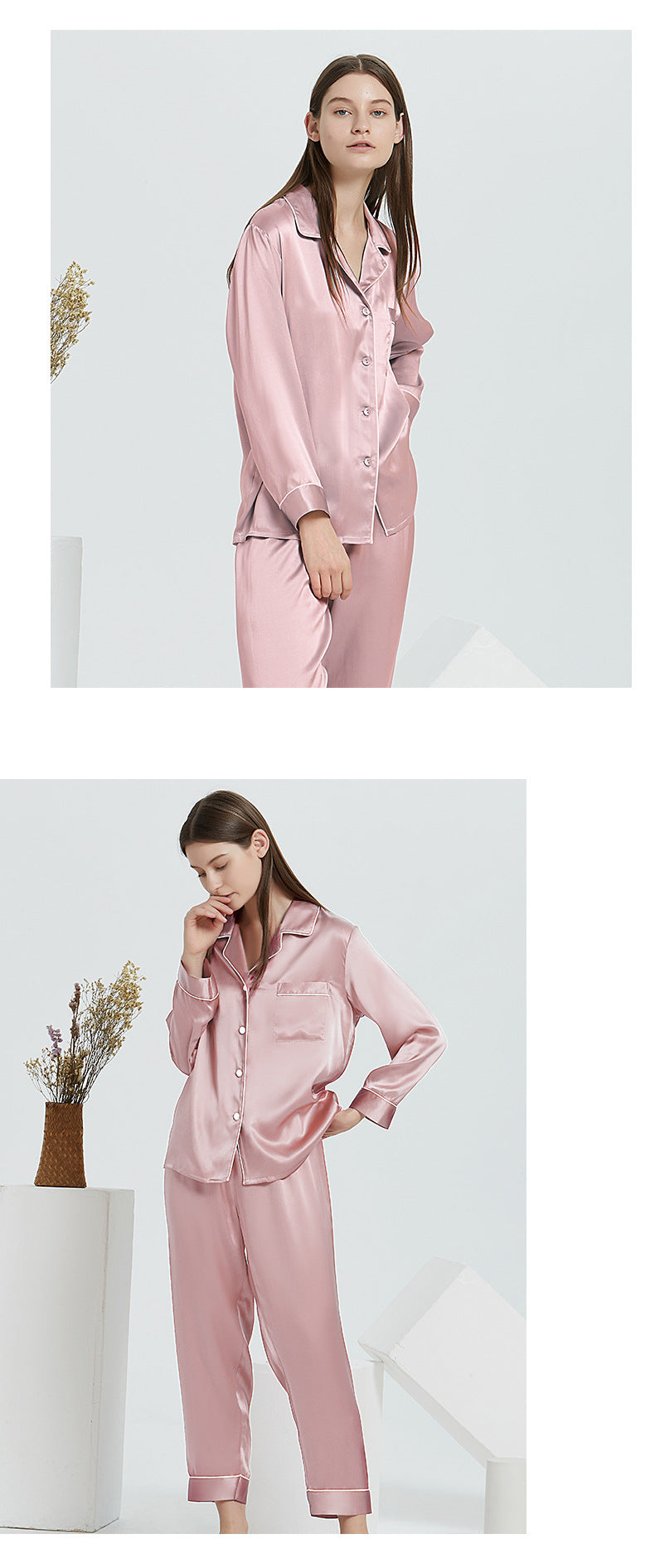 30 Momme Mulberry Silk Pajama Set – Long Sleeve Top & Ankle-Length Pants, Notched Collar Loungewear for Women
