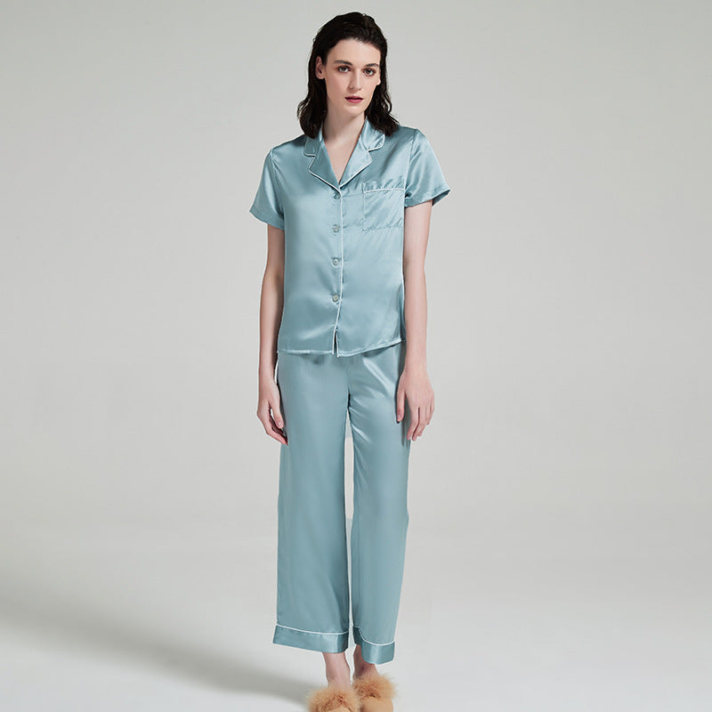 100% Mulberry Silk Pajama Set for Women – 19 Momme Short Sleeve Top with Shorts or Long Pants, Notched Collar Loungewear
