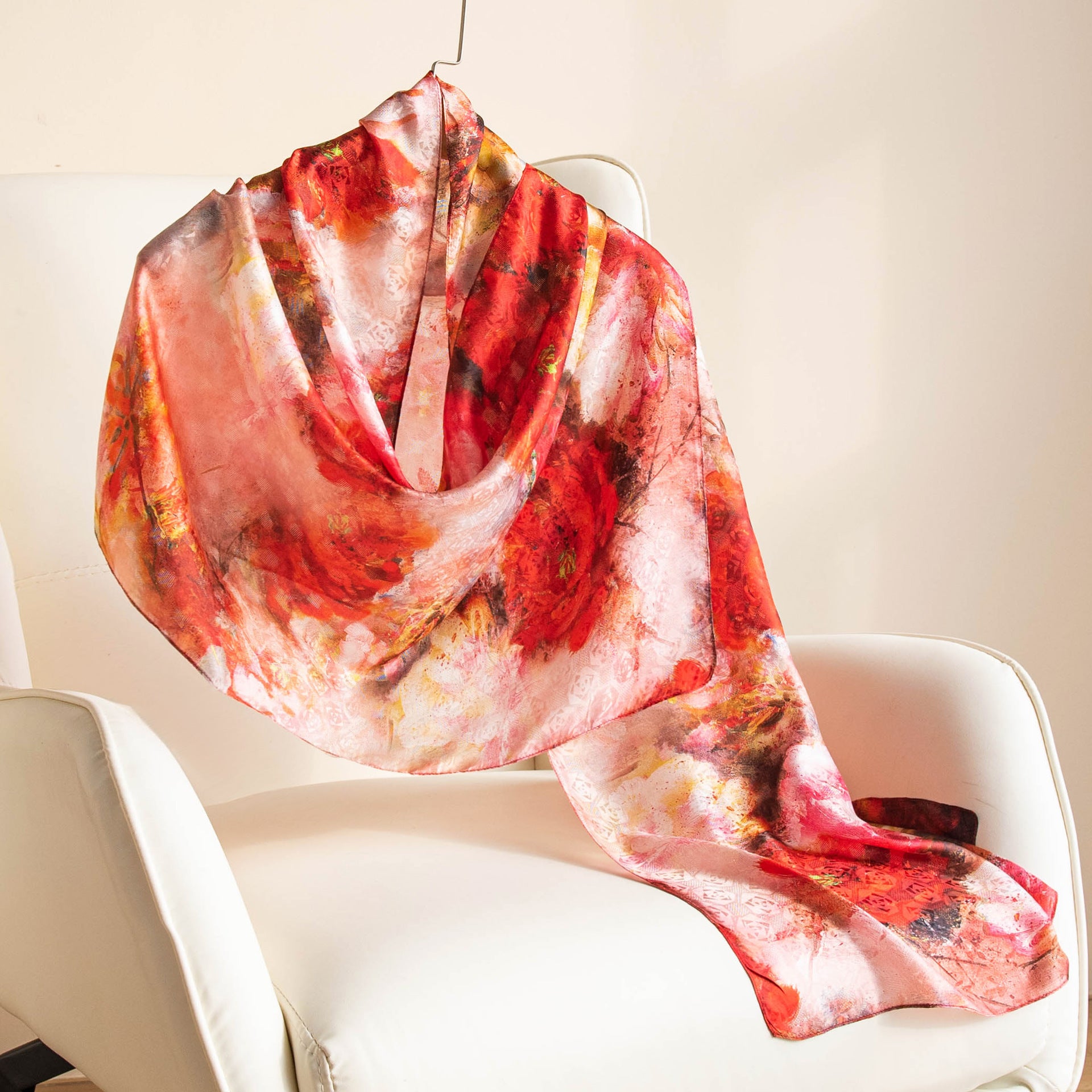 Mulberry Silk Long Scarf – Lightweight Floral Print Shawl for Spring & Summer, Original Design, 55 x 170 cm