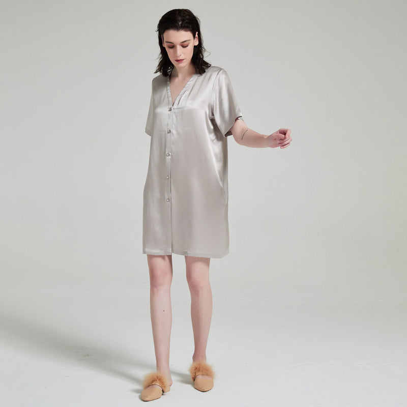 Side angle view of mulberry silk button-front nightgown