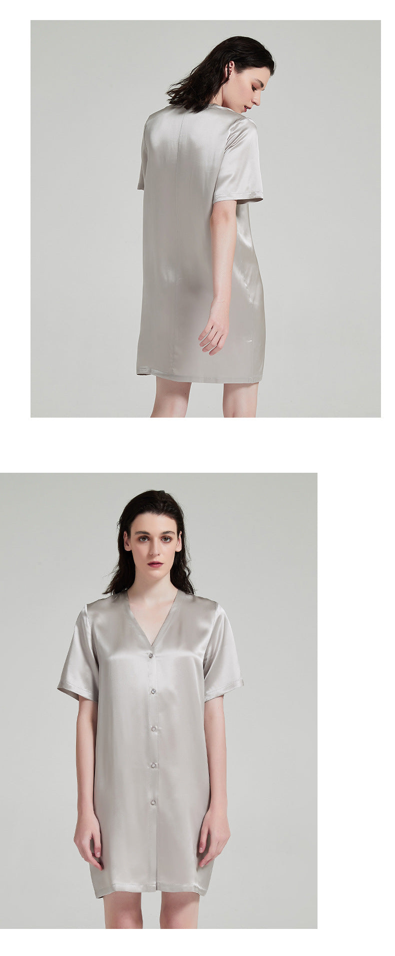 Front portrait of model wearing silk sleep dress with relaxed silhouette