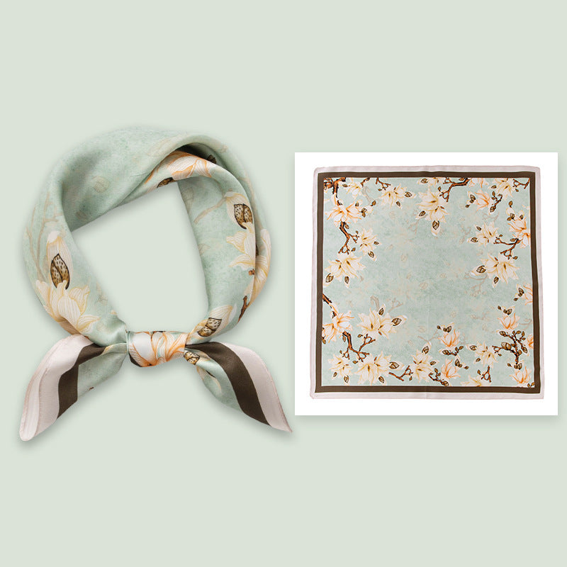 Mulberry Silk Square Scarf 53 cm Floral Print Bandana – Lightweight Neckerchief for Spring
