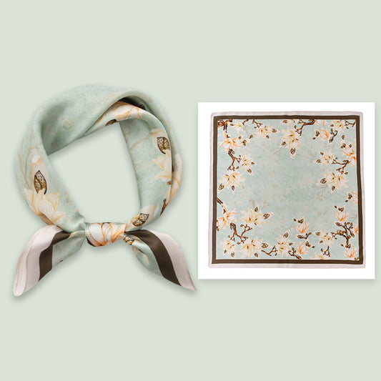 Mulberry Silk Square Scarf 53 cm Floral Print Bandana – Lightweight Neckerchief for Spring