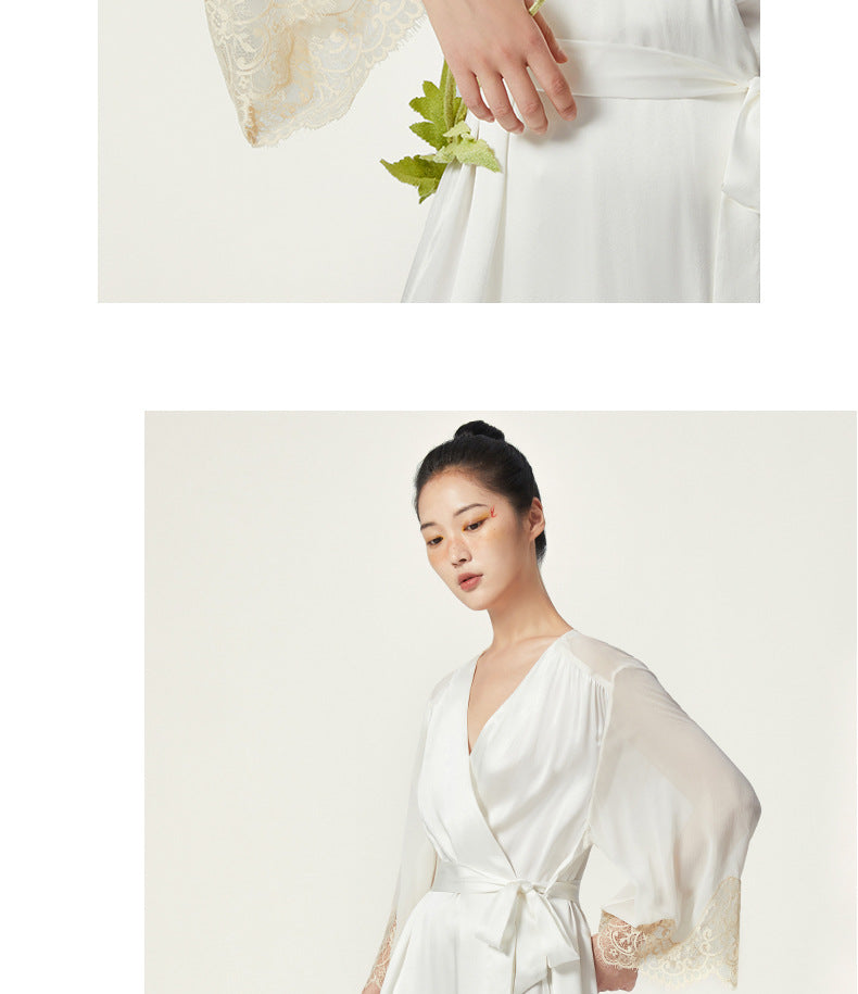Close-up of V-neckline and lace trim on silk robe