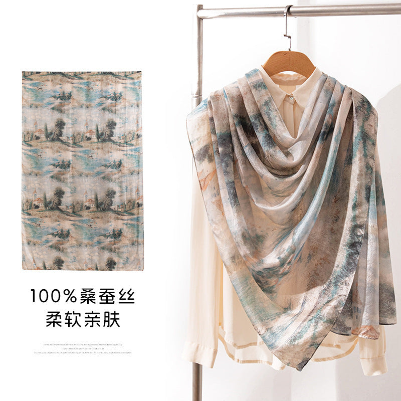 Mulberry Silk Long Scarf with Bohemian Floral Print – Lightweight Spring Shawl for Women