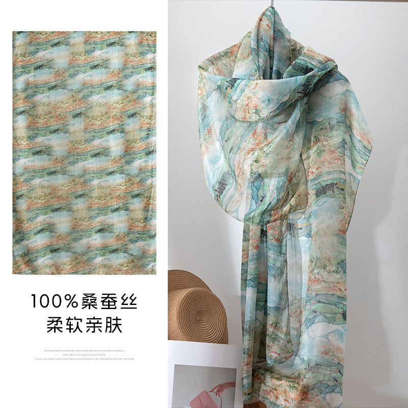 Mulberry Silk Long Scarf with Bohemian Floral Print – Lightweight Spring Shawl for Women