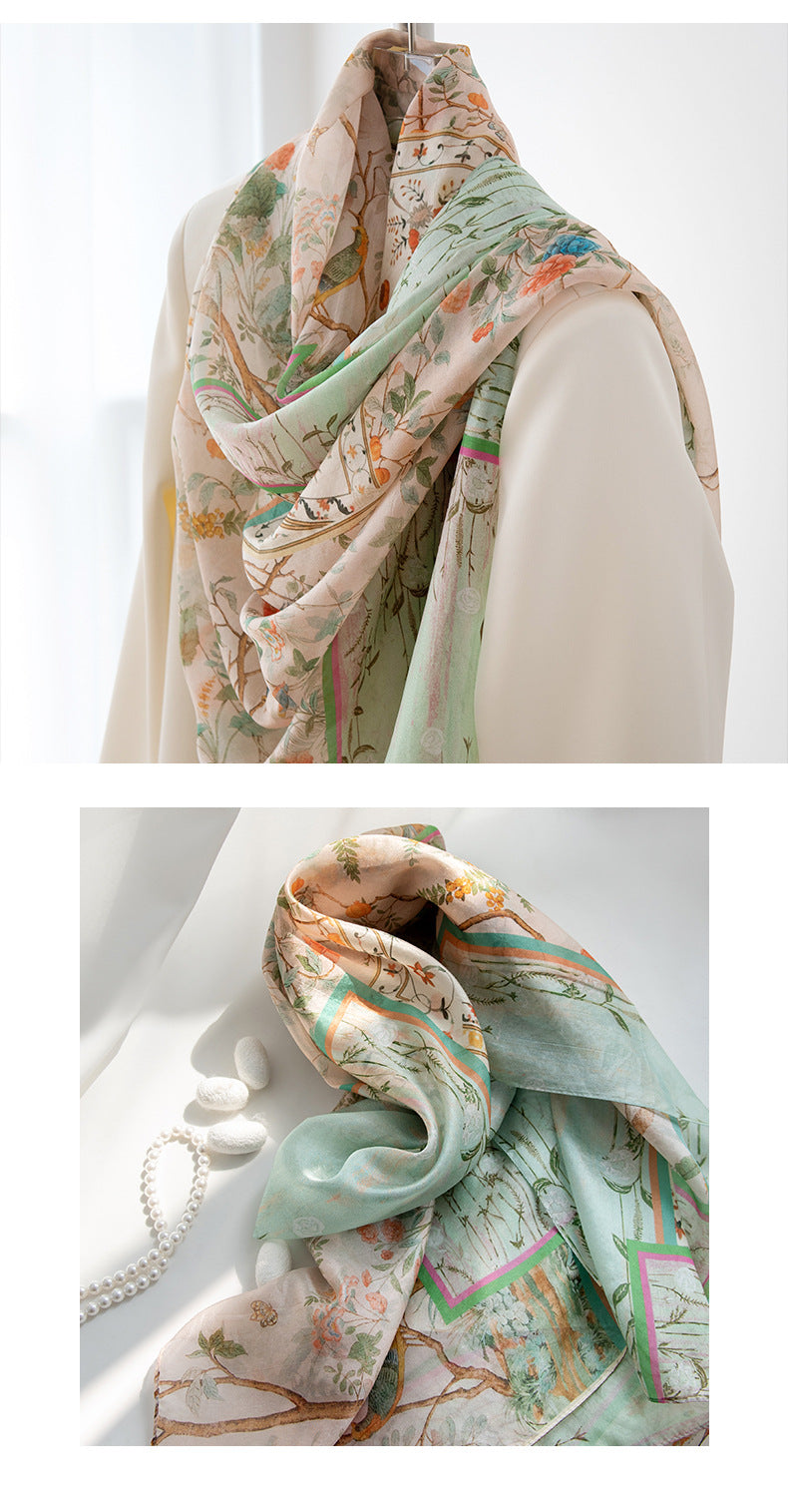 Mulberry Silk Long Scarf for Women – Lightweight Floral Print Shawl Wrap for Spring, 69 x 43 in