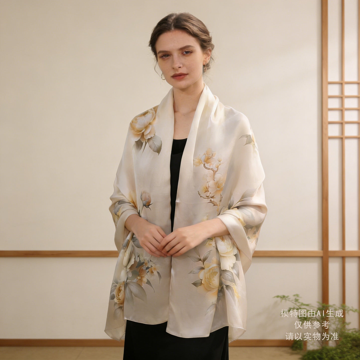 100% Mulberry Silk Scarf – Floral Print Long Wrap, Lightweight Spring Shawl