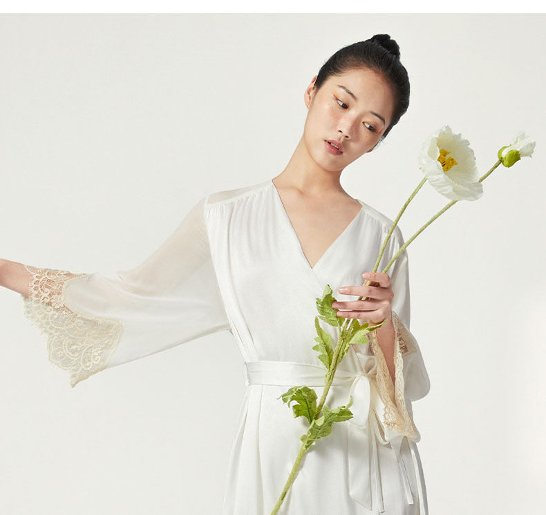 Full length view of silk robe showing wrap style silhouette