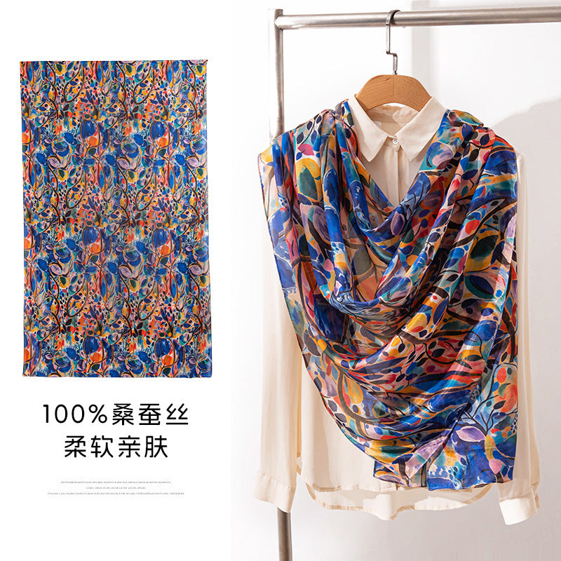 Mulberry Silk Long Scarf with Bohemian Floral Print – Lightweight Spring Shawl for Women