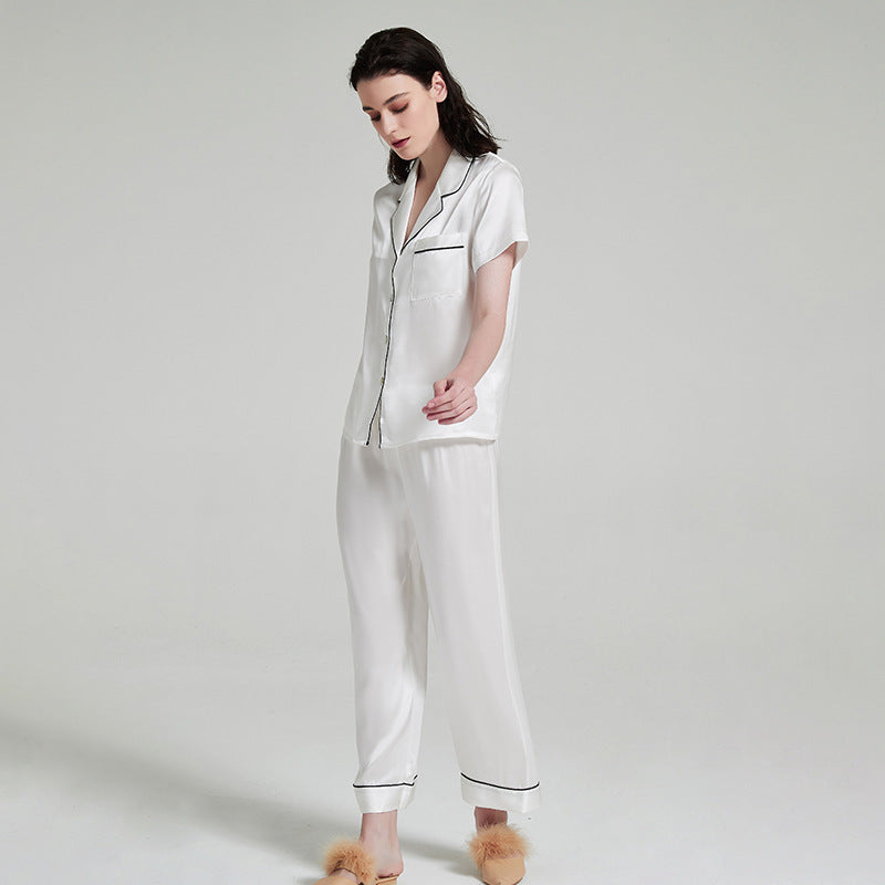 100% Mulberry Silk Pajama Set for Women – 19 Momme Short Sleeve Top with Shorts or Long Pants, Notched Collar Loungewear