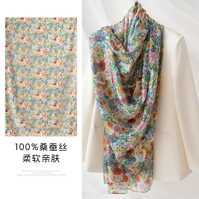 Mulberry Silk Long Scarf with Bohemian Floral Print – Lightweight Spring Shawl for Women