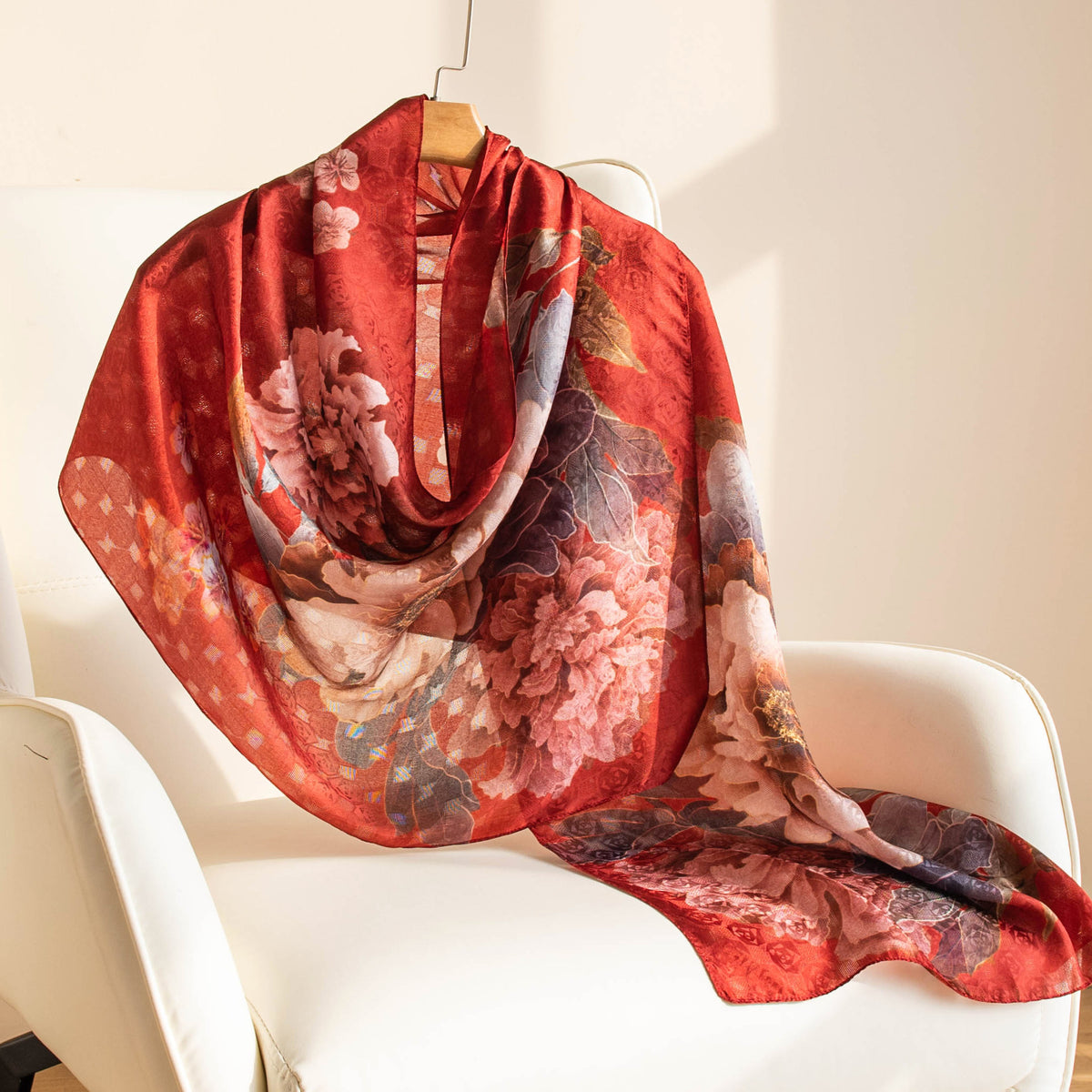 Mulberry Silk Long Scarf – Lightweight Floral Print Shawl for Spring & Summer, Original Design, 55 x 170 cm