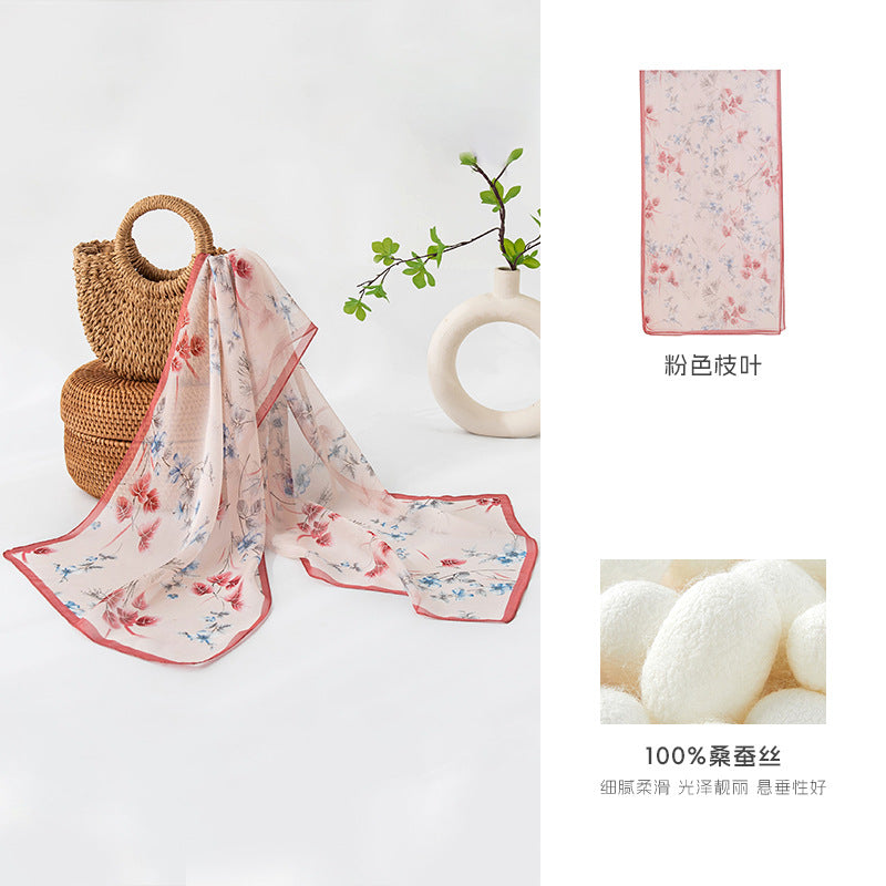 Floral Print Silk Scarf – Lightweight Mulberry Silk Wrap with Botanical Motifs for All Seasons