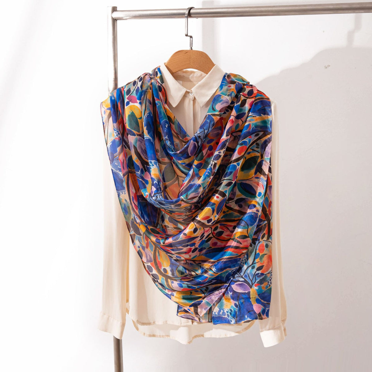 Mulberry Silk Long Scarf with Printed Patterns – Lightweight, Breathable Vintage Shawl for Spring, 69 x 43 in