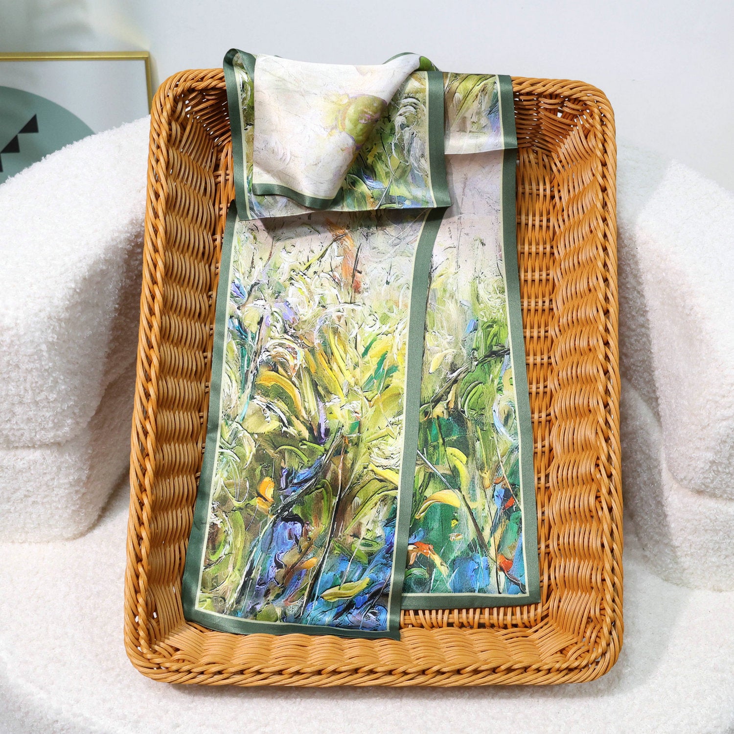 Printed Mulberry Silk Slim Scarf – 16 x 150 cm Long Neck Scarf with Trailing Ribbon for Spring