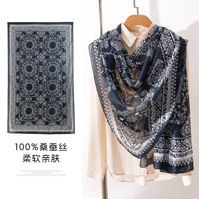 Mulberry Silk Long Scarf with Bohemian Floral Print – Lightweight Spring Shawl for Women