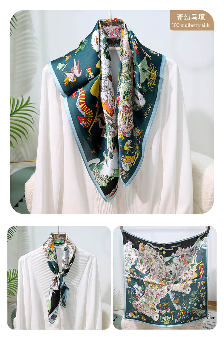 Mulberry Silk Square Scarf – 100% Pure Silk Bandana with Vintage French Print, Spring Accessory for Women