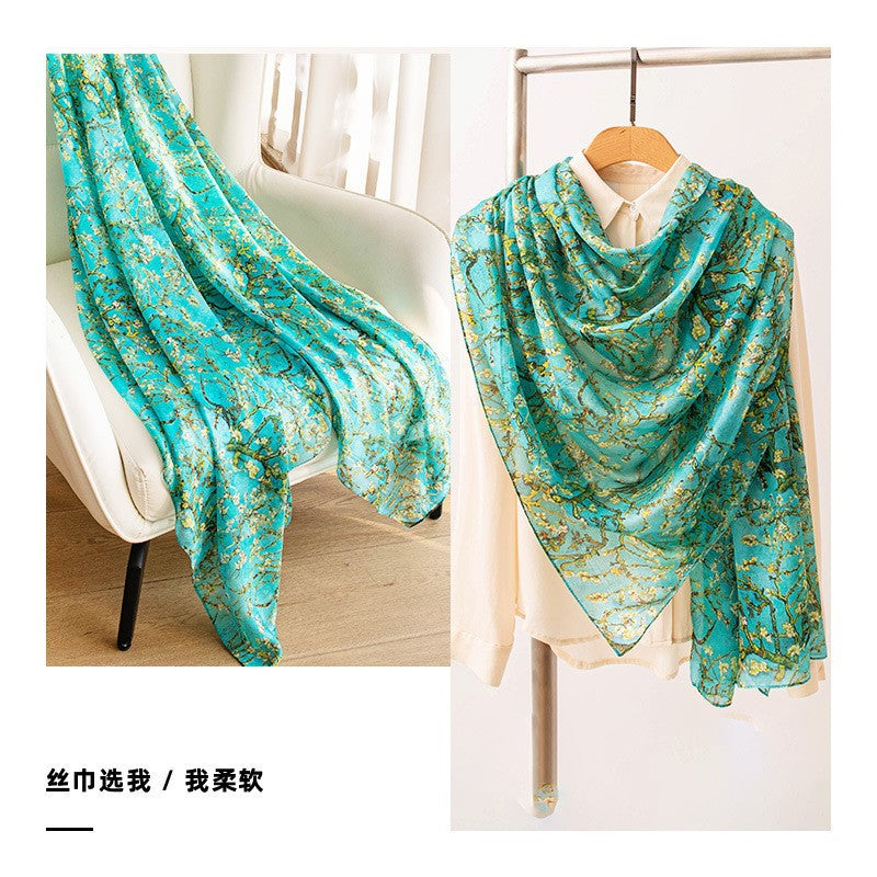 Mulberry Silk Long Scarf with Printed Patterns – Lightweight, Breathable Vintage Shawl for Spring, 69 x 43 in
