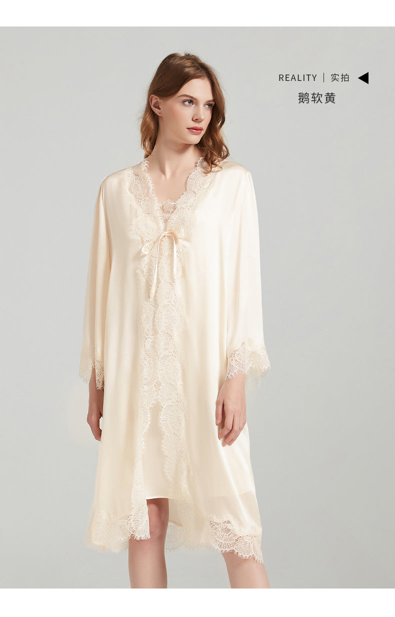 Lace Tie 100% Mulberry Silk Robe & Camisole Set – Romantic V-Neck Loungewear