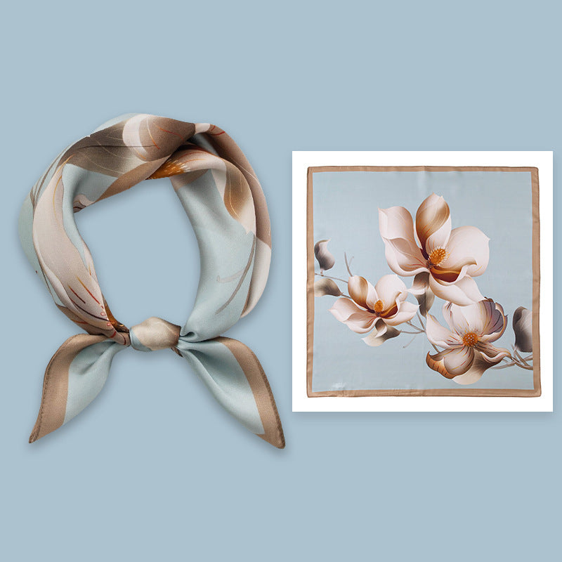 Mulberry Silk Square Scarf 53 cm Floral Print Bandana – Lightweight Neckerchief for Spring