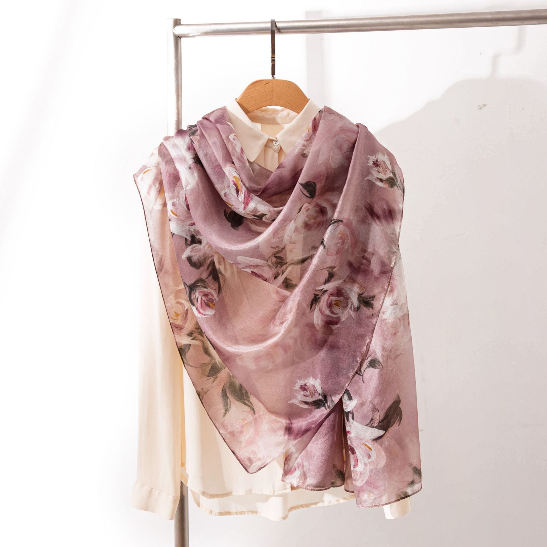 Mulberry Silk Long Scarf with Printed Patterns – Lightweight, Breathable Vintage Shawl for Spring, 69 x 43 in