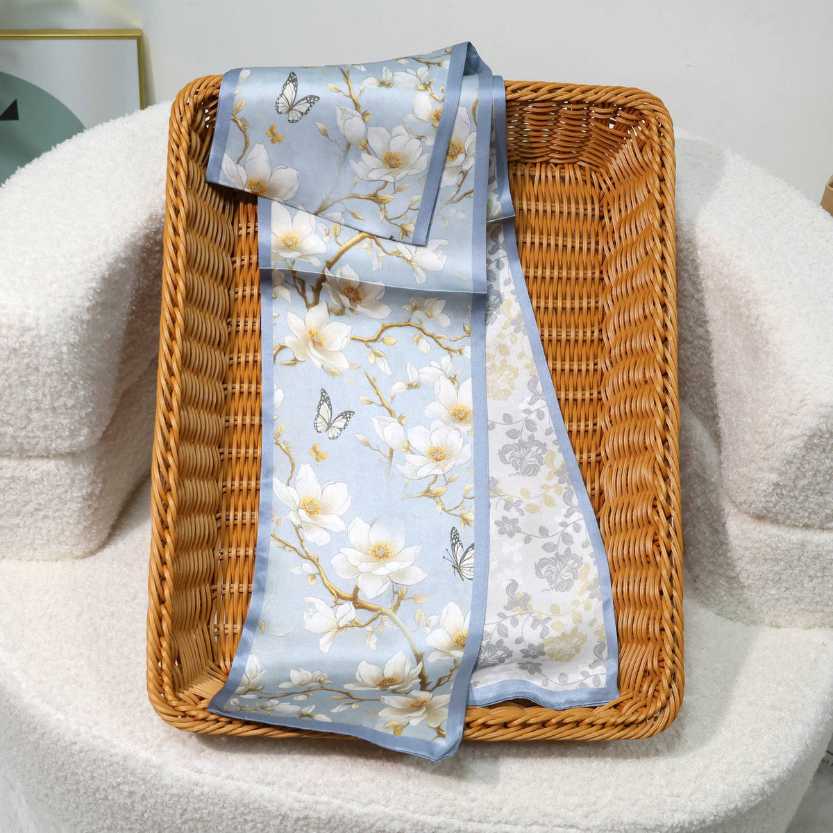 Printed Mulberry Silk Slim Scarf – 16 x 150 cm Long Neck Scarf with Trailing Ribbon for Spring