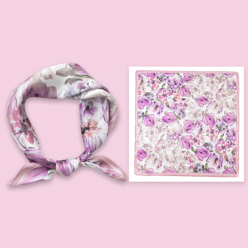 Mulberry Silk Square Scarf 53 cm Floral Print Bandana – Lightweight Neckerchief for Spring