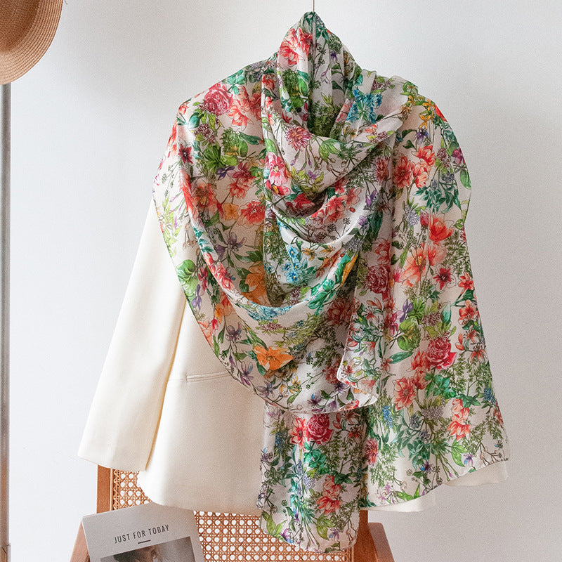 Mulberry Silk Long Scarf with Bohemian Floral Print – Lightweight Spring Shawl for Women