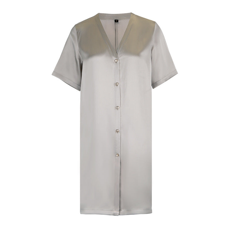 Flat lay of grey silk nightgown with button front detail