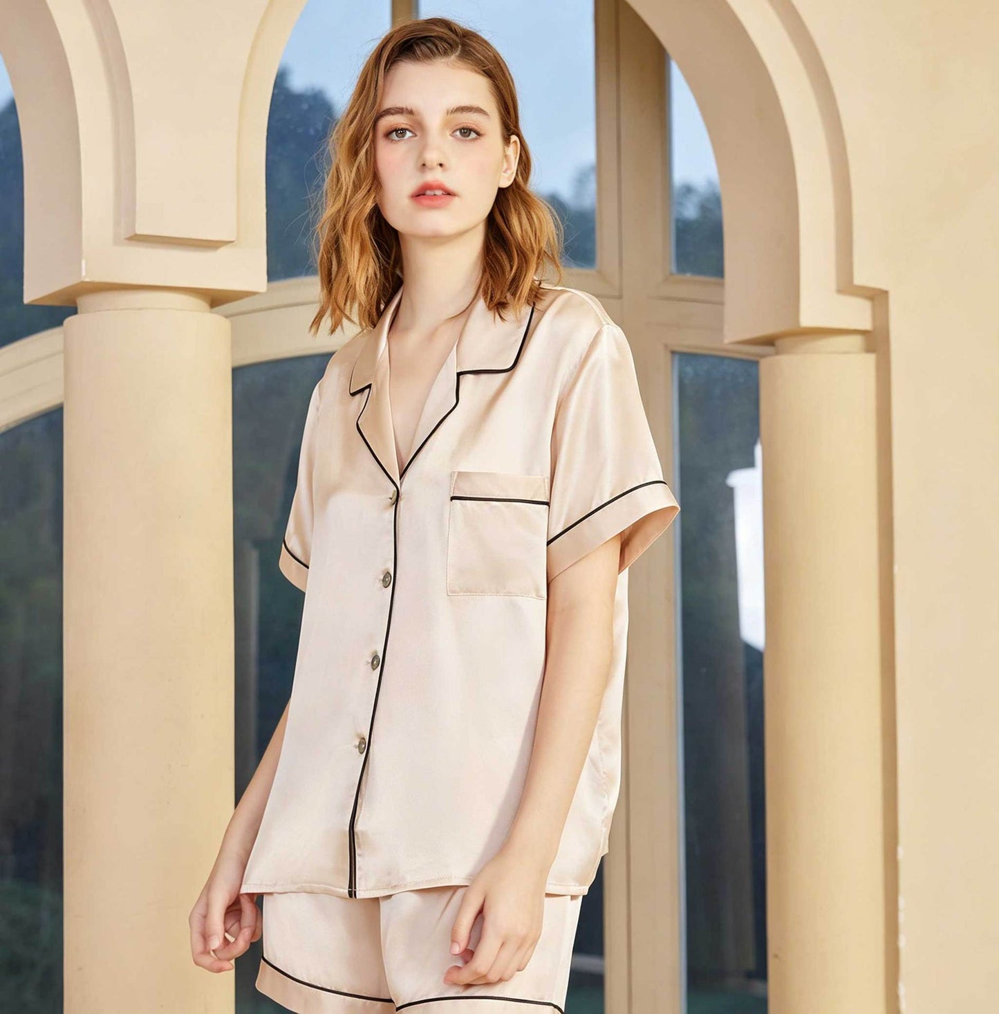 100% Mulberry Silk Pajama Set for Women – 19 Momme Short Sleeve Top with Shorts or Long Pants, Notched Collar Loungewear