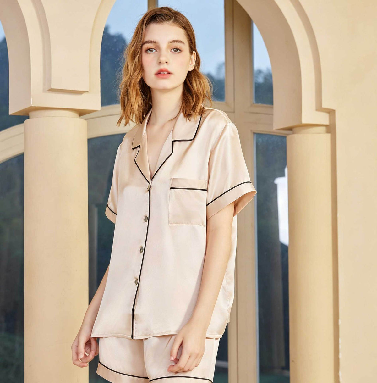 100% Mulberry Silk Pajama Set for Women – 19 Momme Short Sleeve Top with Shorts or Long Pants, Notched Collar Loungewear