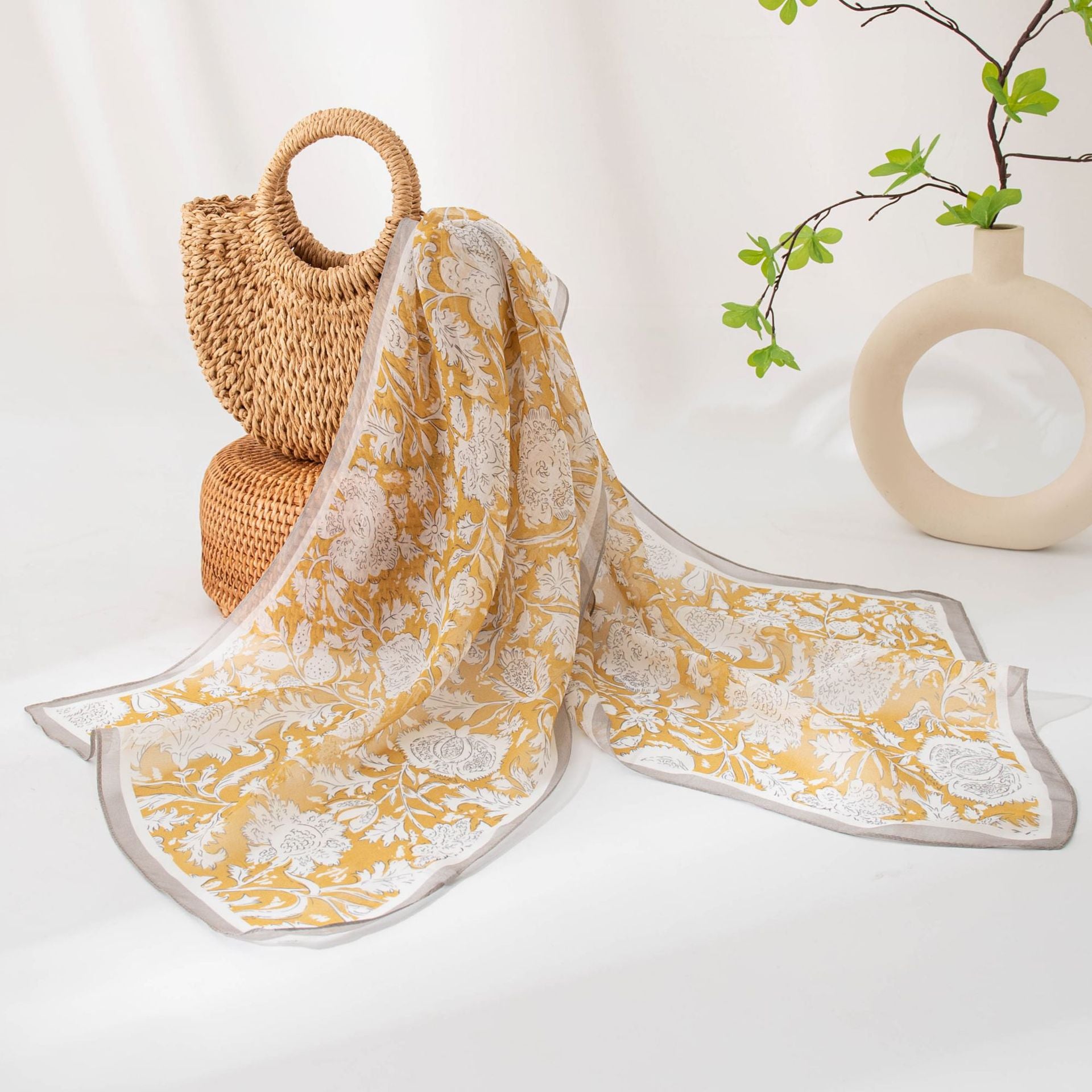 Floral Print Silk Scarf – Lightweight Mulberry Silk Wrap with Botanical Motifs for All Seasons